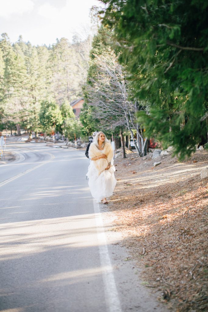 Bride walking at pine rose cabins