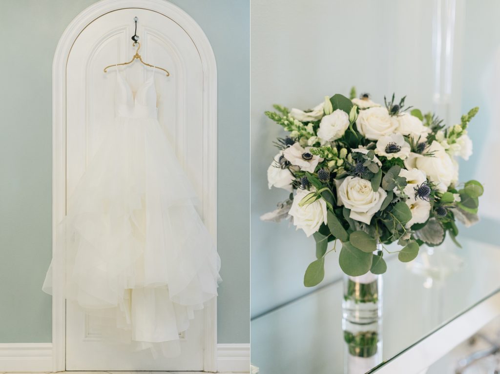 wedding dress and bouquet at villa de amore Temecula