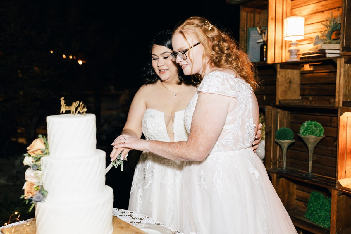 brides cutting the cake at the homestead