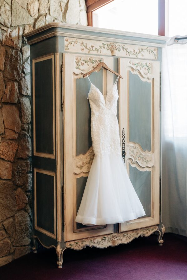 Wedding dress at summer wedding at San Moritz lodge