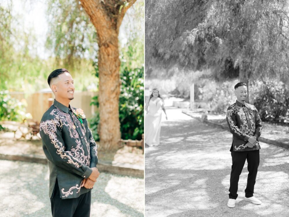 First touch at spring wedding at Casey orchard