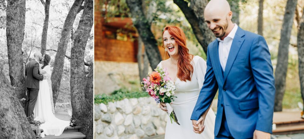 First kiss at Idyllwild summer elopement