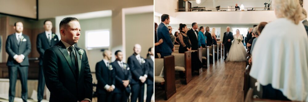 Groom seeing bride walk up the aisle at church