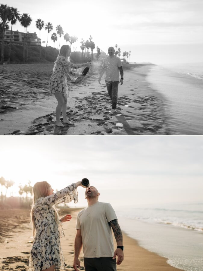 Champagne spray at San Clemente engagement