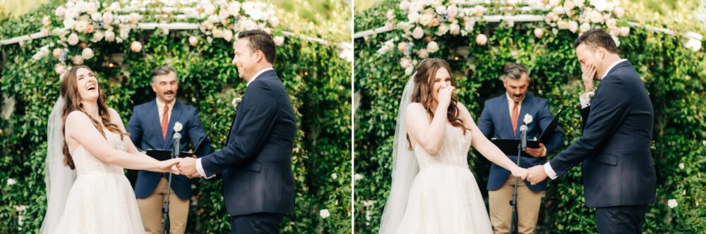 bride and groom laughing