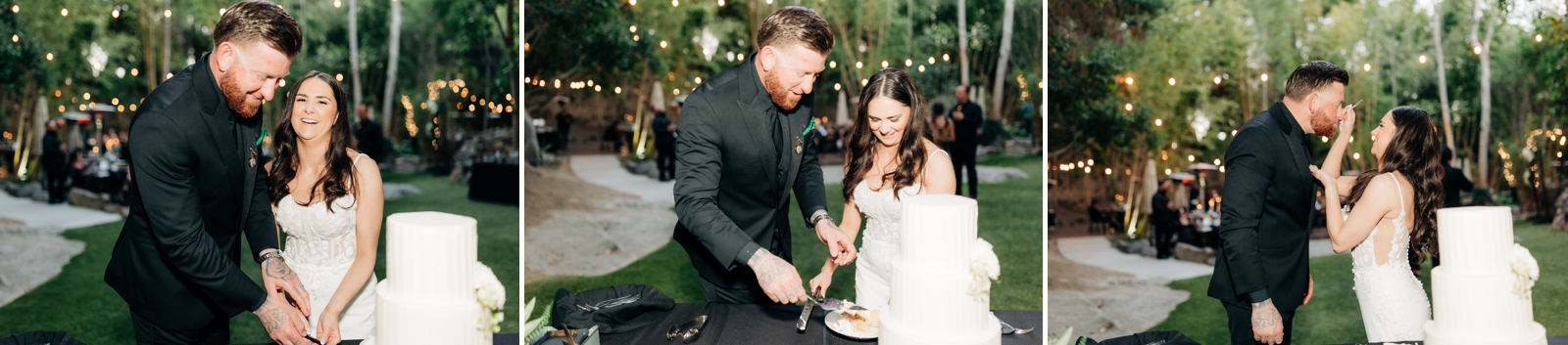 Cutting cake at Stone Brewing bistro and garden wedding