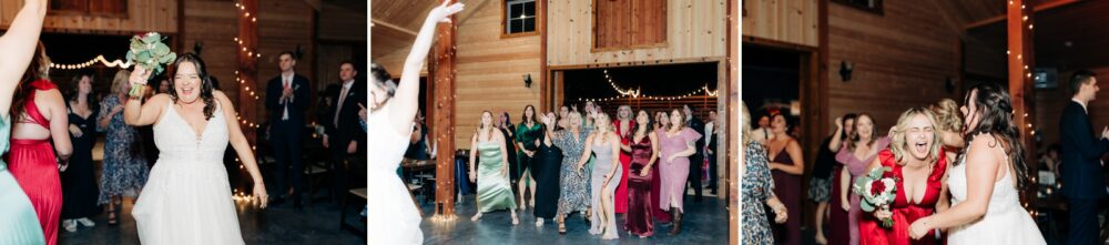 bouquet toss at miller's landing wedding
